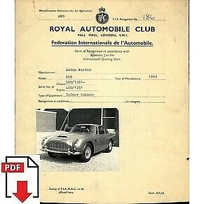 1964 Aston Martin DB5 FIA homologation form PDF download (RAC)
